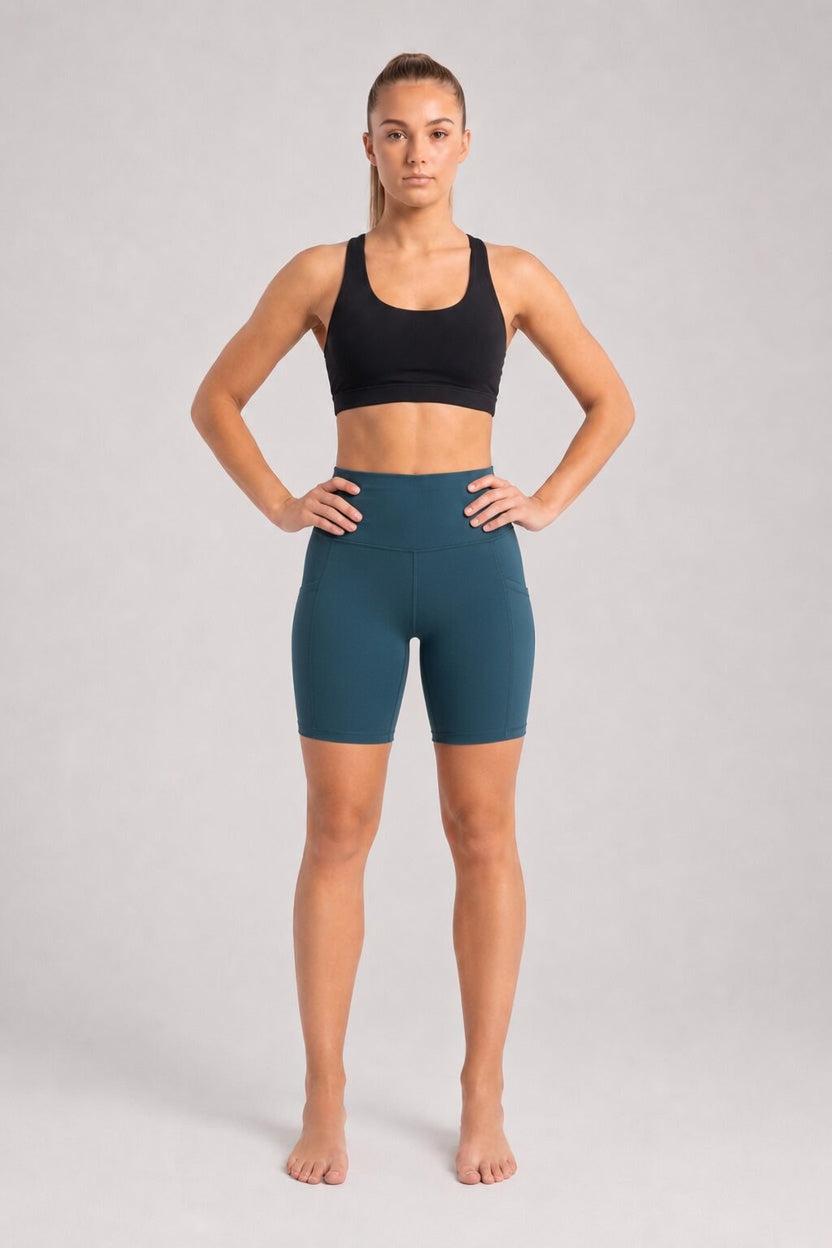 New York Laundry Women's 7-Inch High-Waisted Biker Shorts with Side Pockets, Teal / Dark Green