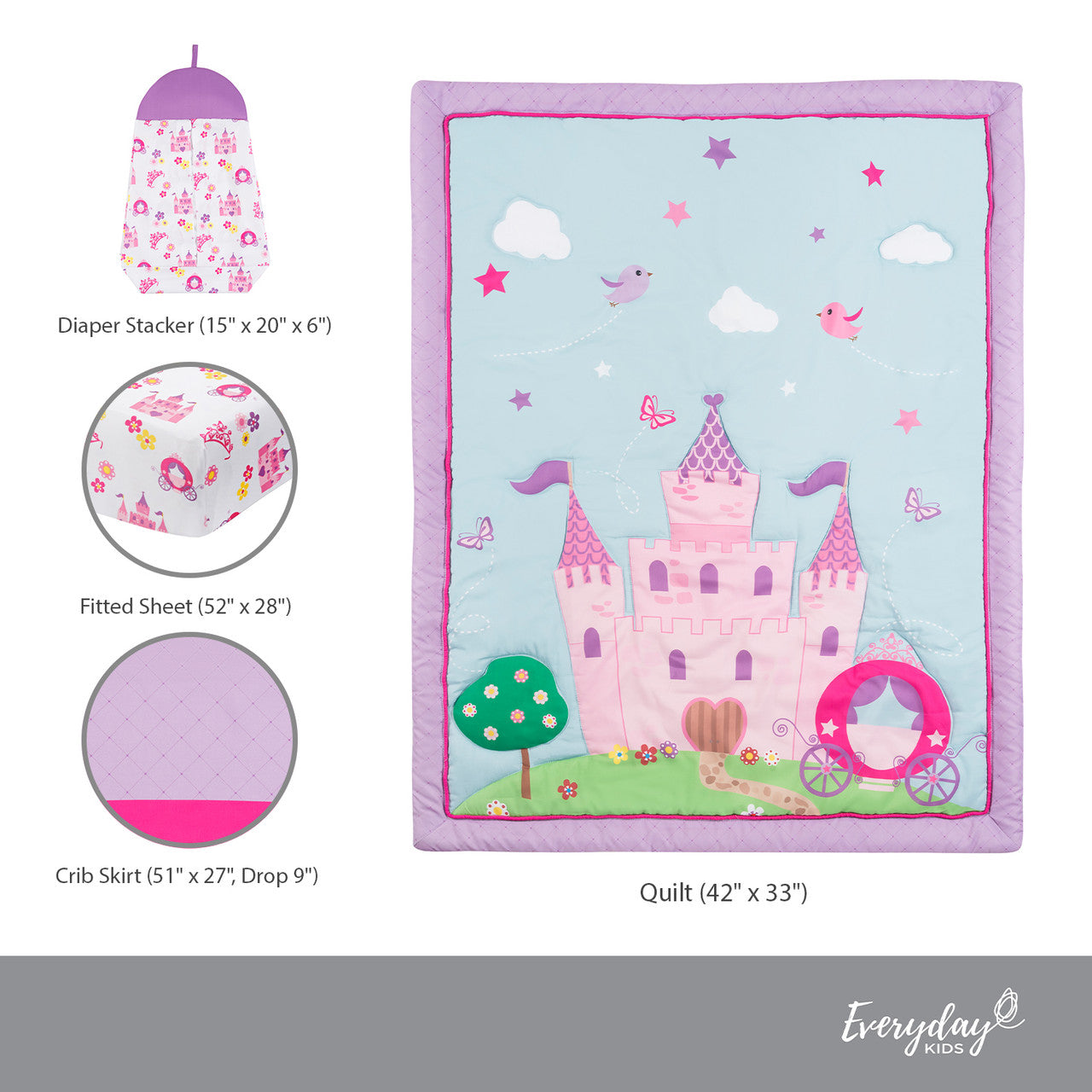 Everyday Kids 4 Piece Girls Crib Bedding Set -Princess Storyland