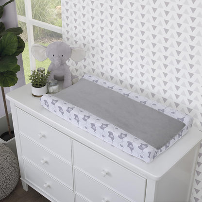 NoJo Elephant Walk Contoured Changing Pad Cover, Plush Center Panel Diaper Pad Cover, Heather Grey and White