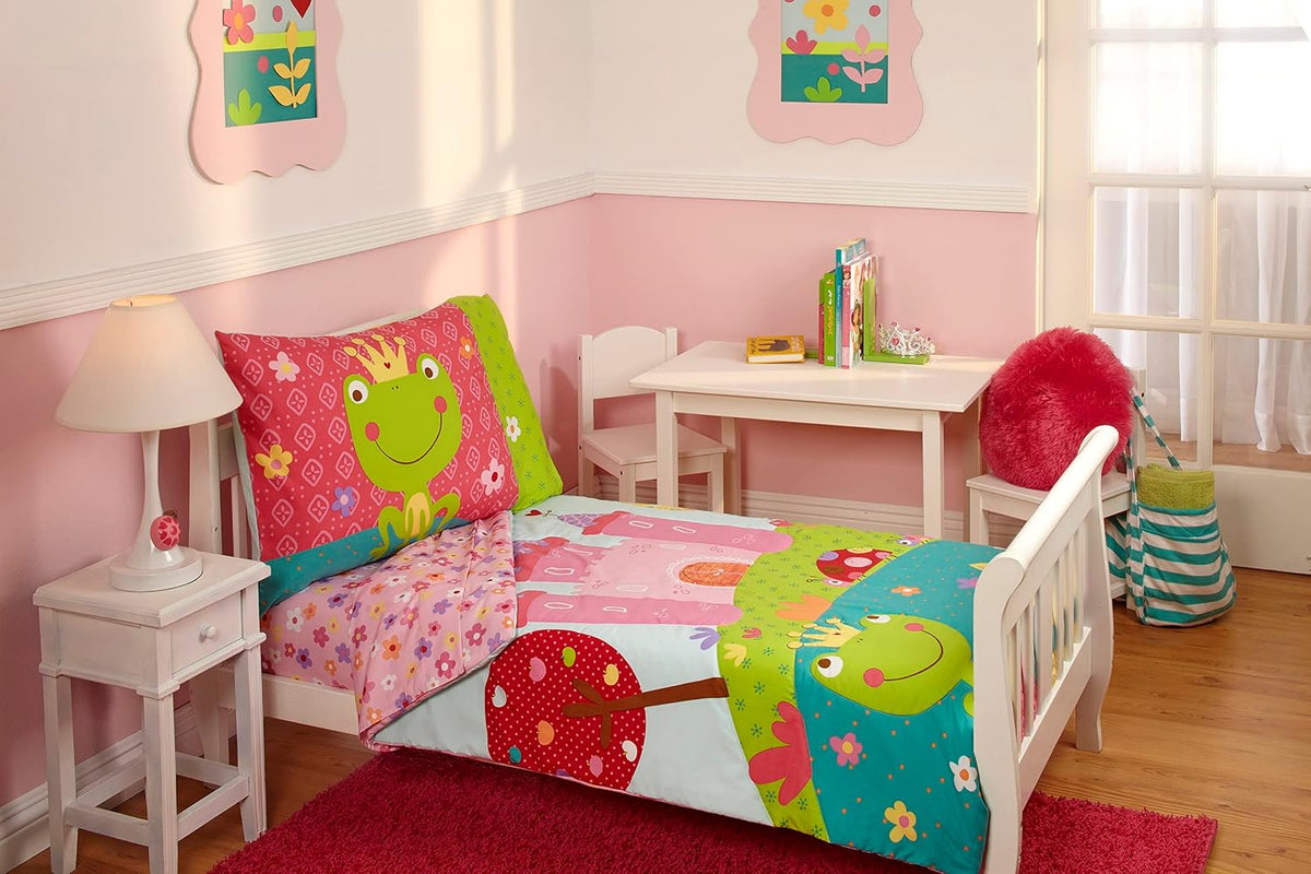 Everything Kids Princess Frog 4-Piece Toddler Bedding Set, Comforter, Fitted Sheet, Flat Sheet & Pillowcase, Pink and Green