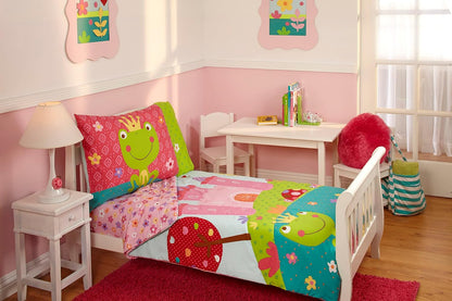 Everything Kids Princess Frog 4-Piece Toddler Bedding Set, Comforter, Fitted Sheet, Flat Sheet & Pillowcase, Pink and Green