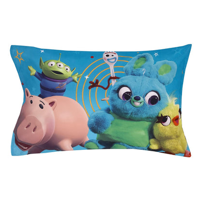 Disney Pixar Toy Story 4-Piece Toddler Bedding Set, Woody, Buzz Lightyear, Jessie & Hamm Comforter, Fitted Bottom Sheet, Flat Top Sheet & Pillowcase, Sky Blue and Red