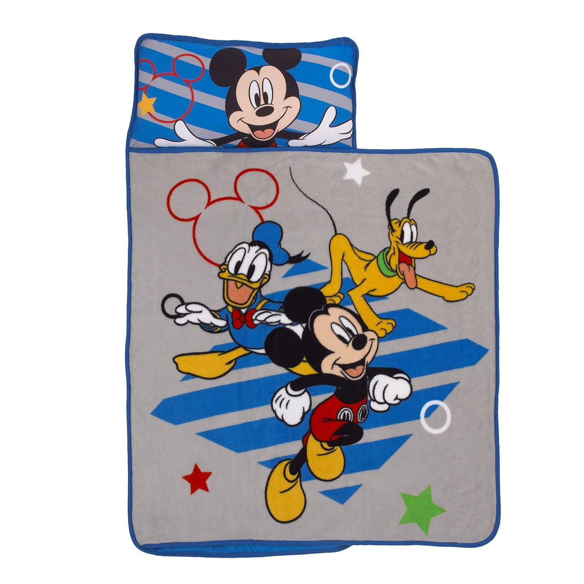 Disney Mickey Mouse Toddler Nap Mat with Built-In Pillow and Blanket, Donald Duck & Pluto, Grey and Royal Blue