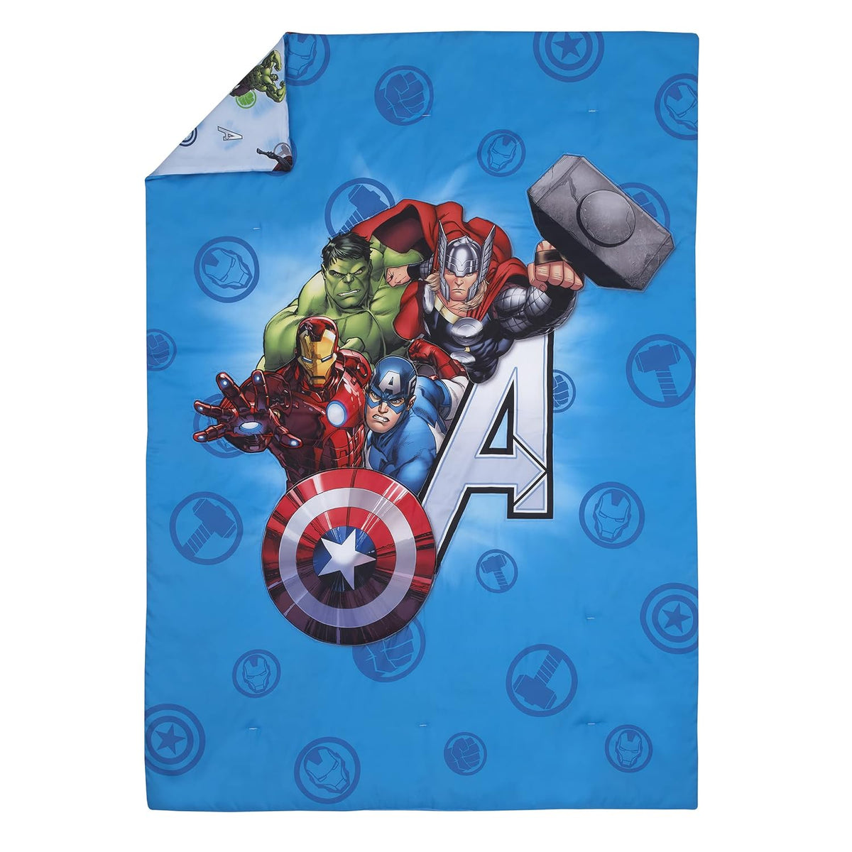 Marvel Avengers 4-Piece Toddler Bedding Set, Comforter, Fitted Sheet, Flat Sheet & Pillowcase, Blue