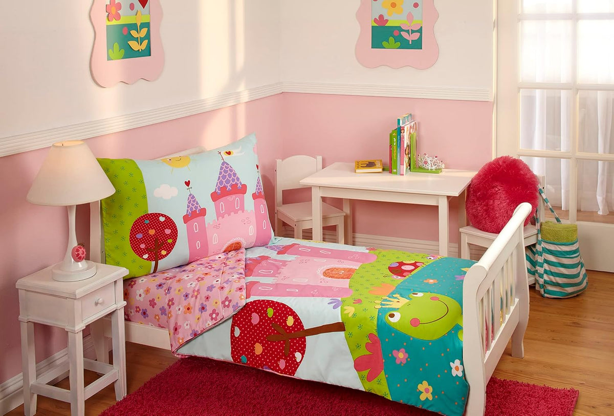 Everything Kids Princess Frog 4-Piece Toddler Bedding Set, Comforter, Fitted Sheet, Flat Sheet & Pillowcase, Pink and Green