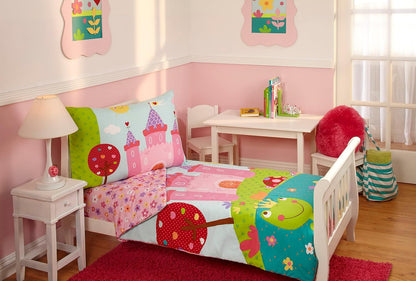 Everything Kids Princess Frog 4-Piece Toddler Bedding Set, Comforter, Fitted Sheet, Flat Sheet & Pillowcase, Pink and Green