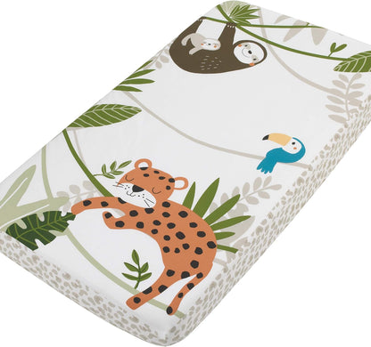 NoJo Jungle Paradise Photo Op Fitted Crib Sheet, Leopard, Sloth & Toucan Baby Bed Sheet, Green, Grey and White