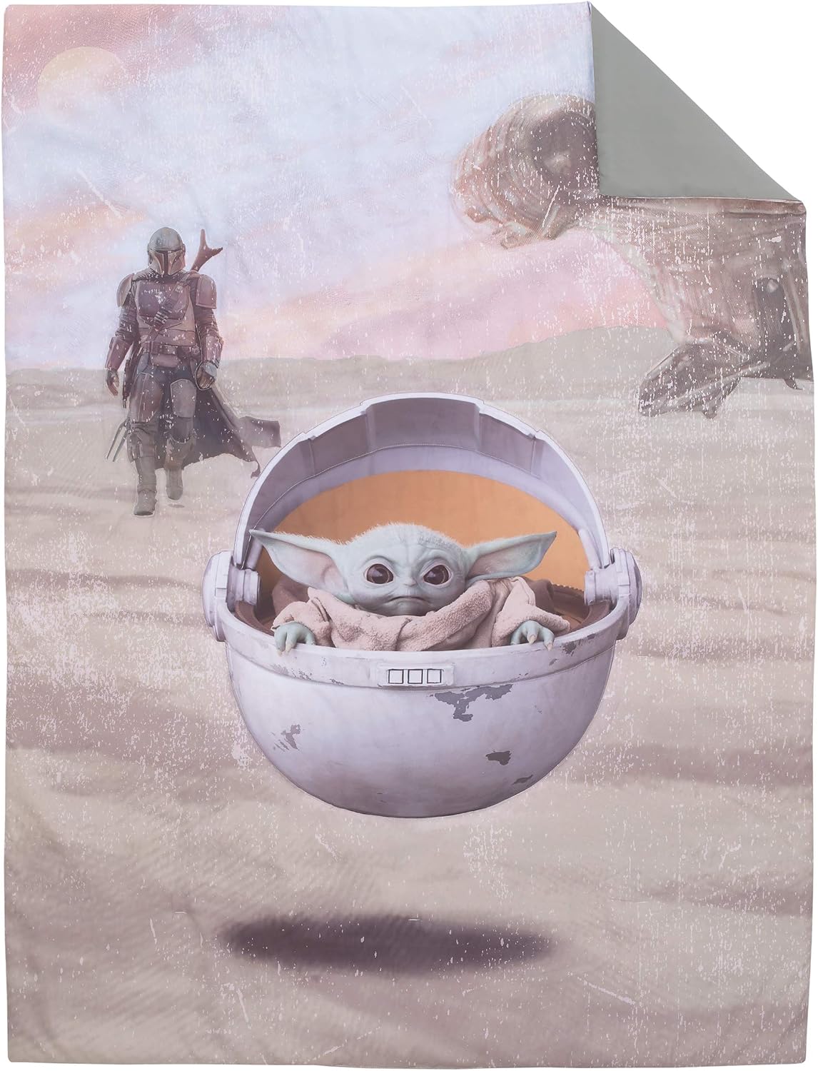 Star Wars The Mandalorian The Child 4-Piece Toddler Bedding Set, Grogu Comforter, Sheets & Pillowcase, Grey and Tan