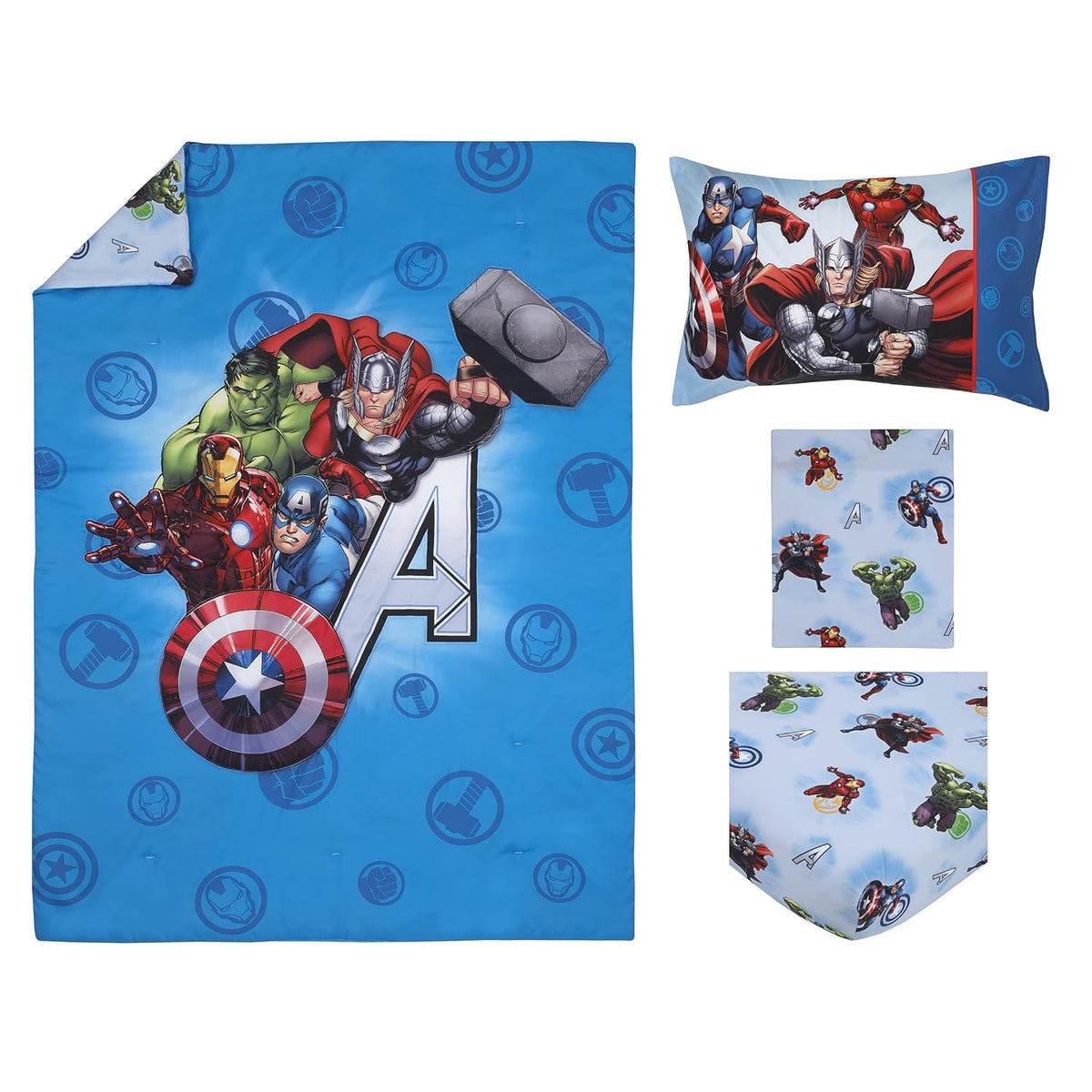 Marvel Avengers 4-Piece Toddler Bedding Set, Comforter, Fitted Sheet, Flat Sheet & Pillowcase, Blue