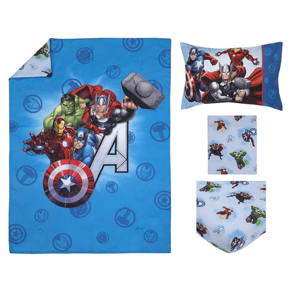 Marvel Avengers 4-Piece Toddler Bedding Set, Comforter, Fitted Sheet, Flat Sheet & Pillowcase, Blue