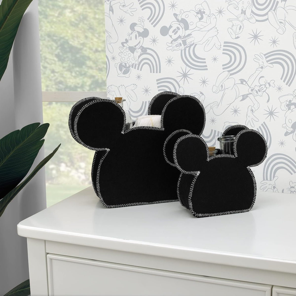 Disney Mickey Mouse Shaped Black 2-Piece Felt Nursery Storage Caddy, Large and Small Organizer Bins