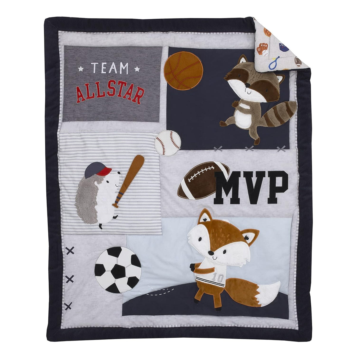 NoJo All-Star Sports 100% Cotton 4-Piece Crib Bedding Set, Applique Comforter, Fitted Sheet, Crib Skirt & Storage Caddy, Navy, Grey and Orange