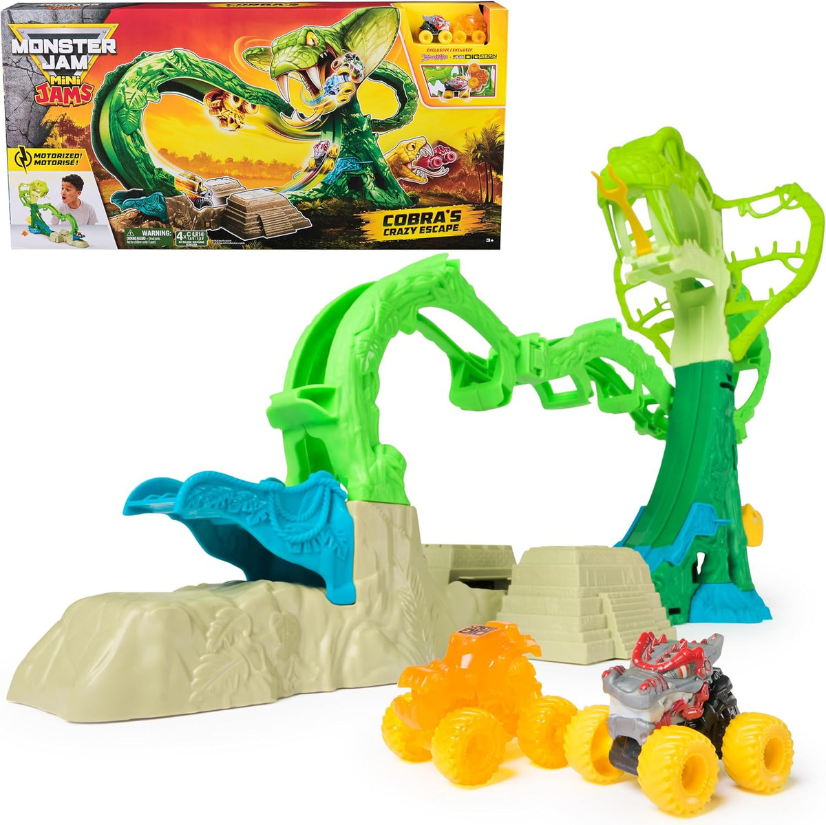 Monster Jam Mini Jams Cobra's Crazy Escape Motorized Playset with Exclusive Mini Trucks, Cobra Track Set for Kids Ages 3 and Up