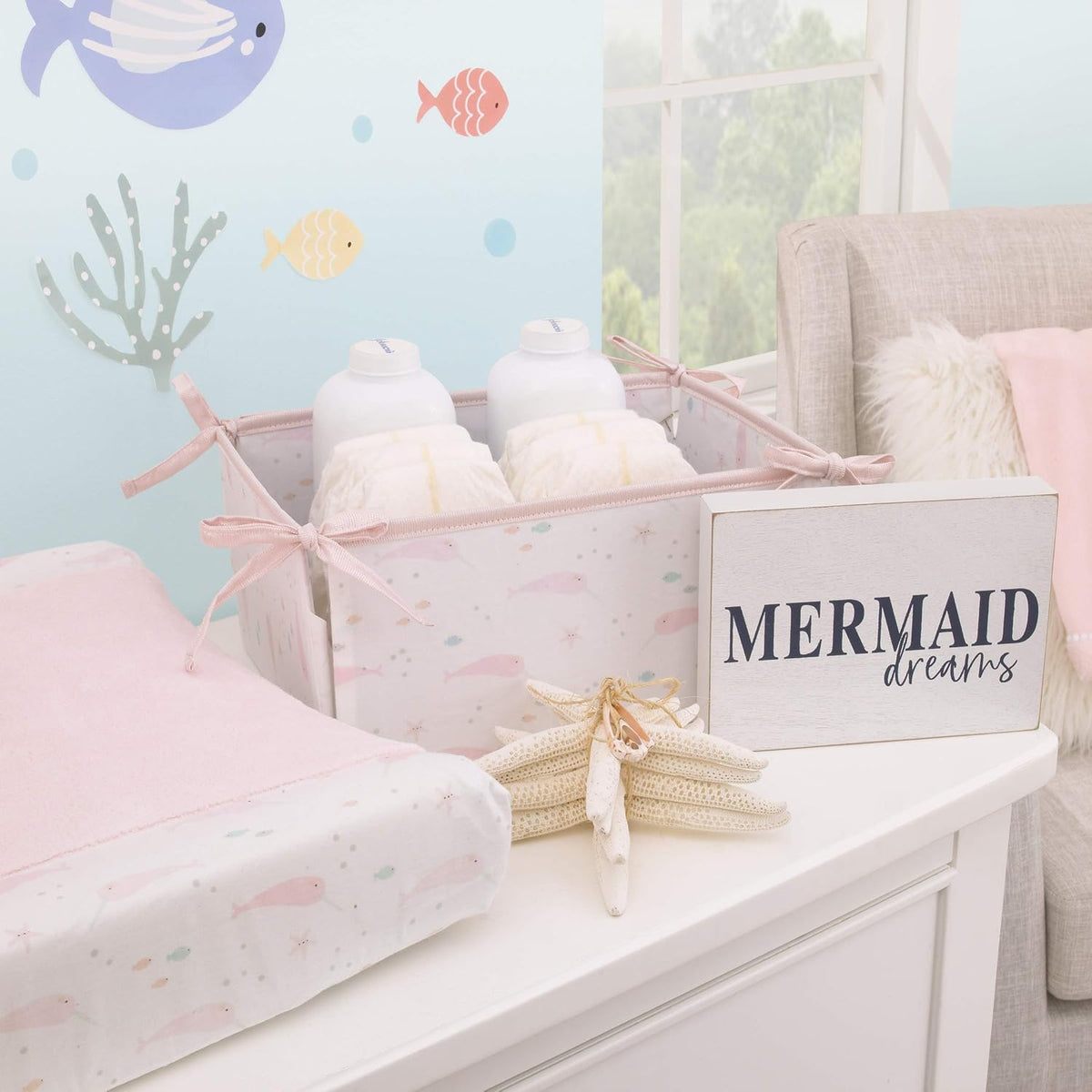 NoJo Under the Sea Narwhal Contoured Changing Pad Cover, Plush Center Panel Diaper Pad Cover, Soft Pink and White