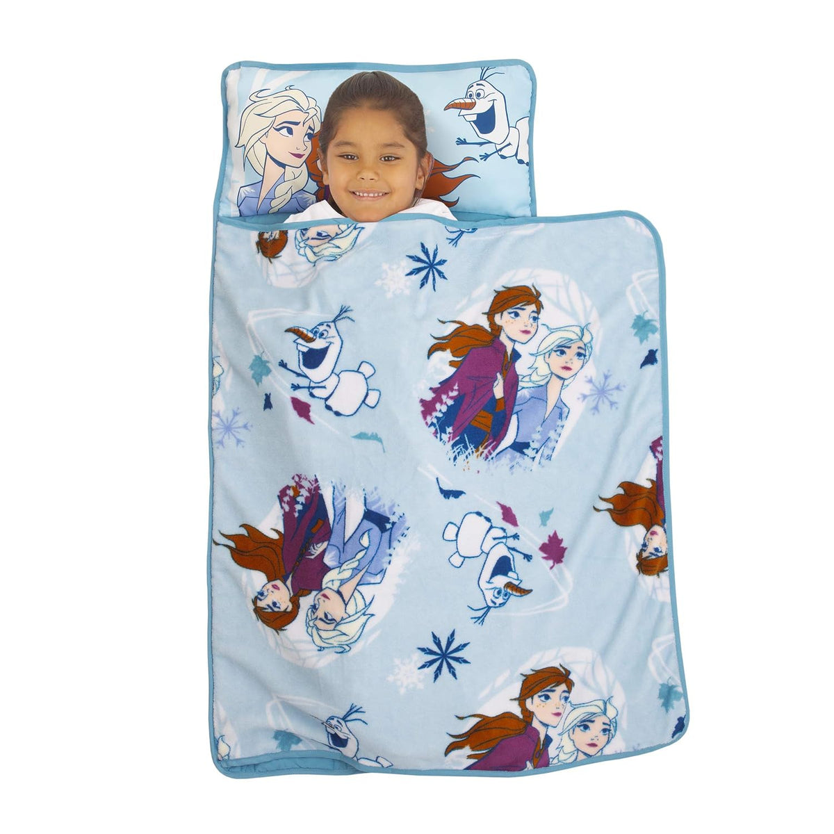 Disney Frozen Toddler Nap Mat with Built-In Pillow and Fleece Blanket, Elsa, Anna & Olaf, Ice Blue