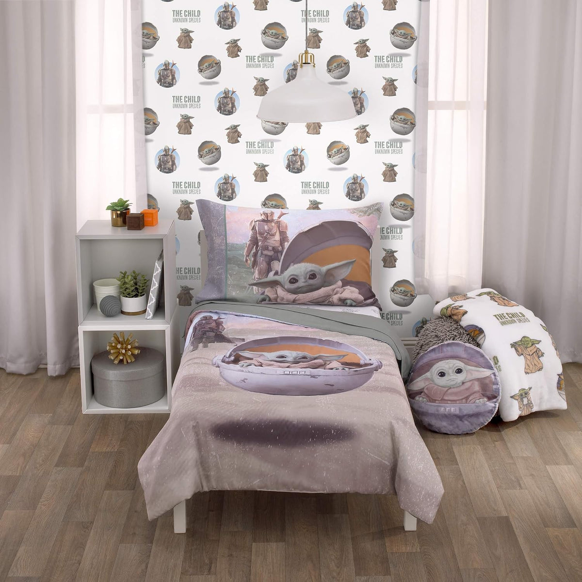 Star Wars The Mandalorian The Child 4-Piece Toddler Bedding Set, Grogu Comforter, Sheets & Pillowcase, Grey and Tan