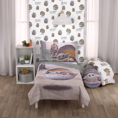 Star Wars The Mandalorian The Child 4-Piece Toddler Bedding Set, Grogu Comforter, Sheets & Pillowcase, Grey and Tan