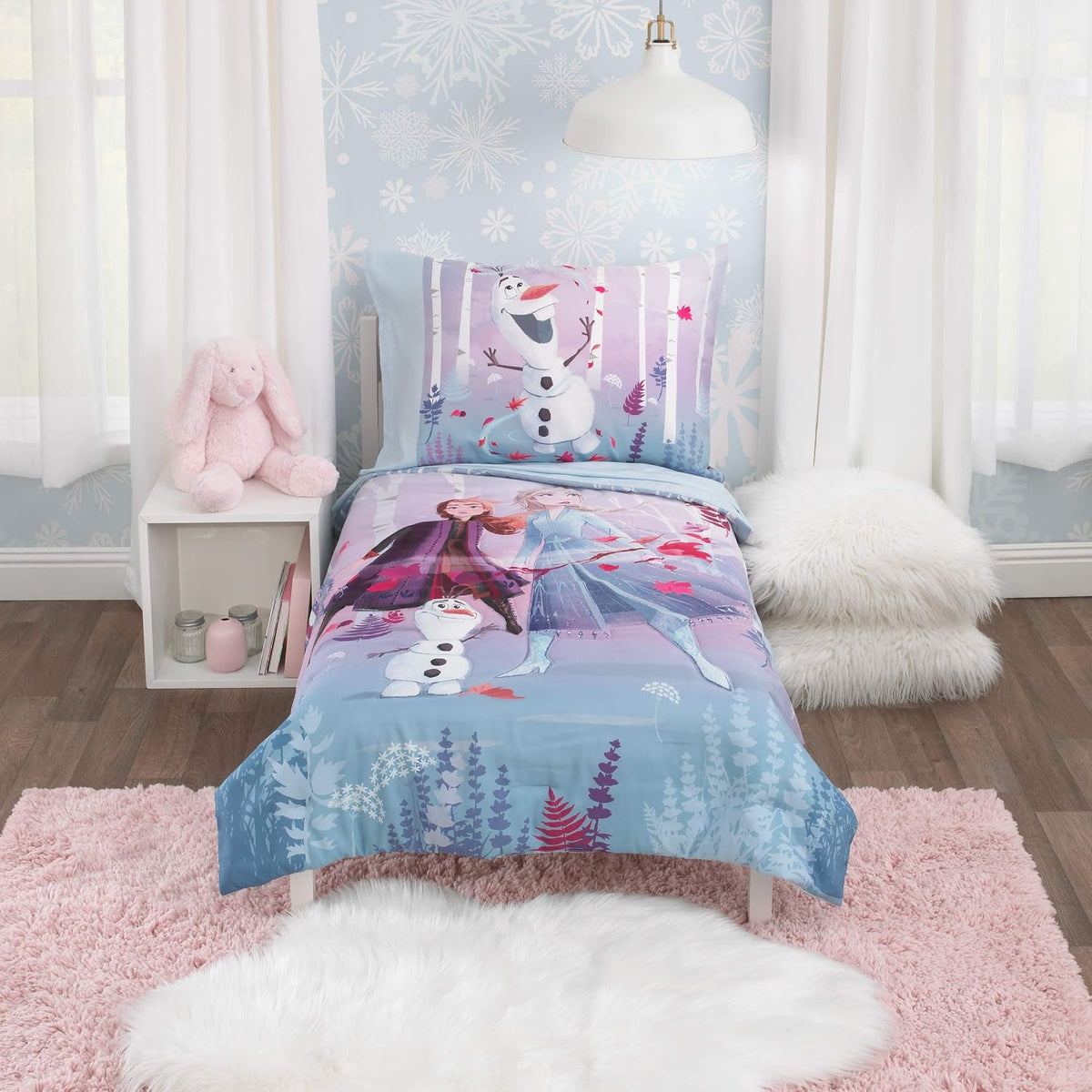 Disney Frozen 4-Piece Toddler Bedding Set, Elsa, Anna & Olaf Comforter, Sheets & Pillowcase, Ice Blue and Lavender