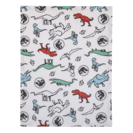 Jurassic World Dinosaurs Super Soft Plush Baby Blanket, 30x40 T-Rex, Raptor & Triceratops Fleece Toddler & Stroller Blanket, White, Blue and Green