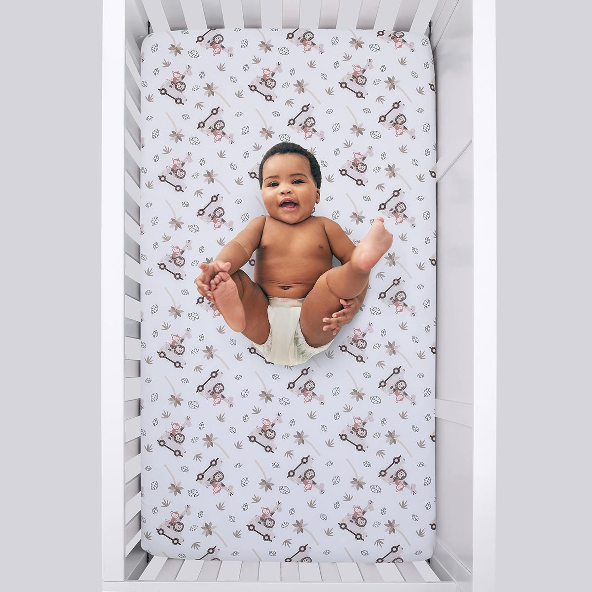 NoJo Little Love Safari Adventure Fitted Crib Sheet, Animals in Jeep & Palm Trees Baby Bed Sheet, Taupe, Grey and White