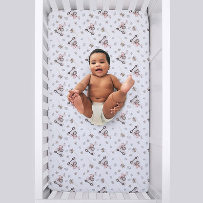 NoJo Little Love Safari Adventure Fitted Crib Sheet, Animals in Jeep & Palm Trees Baby Bed Sheet, Taupe, Grey and White