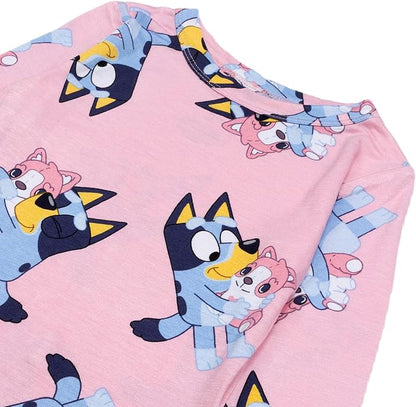 Bluey Toddler Pink Two-Piece Long Sleeve Pajama Set with Bluey and Bingo Print, Top and Jogger Pants, Sizes 12-24 Months