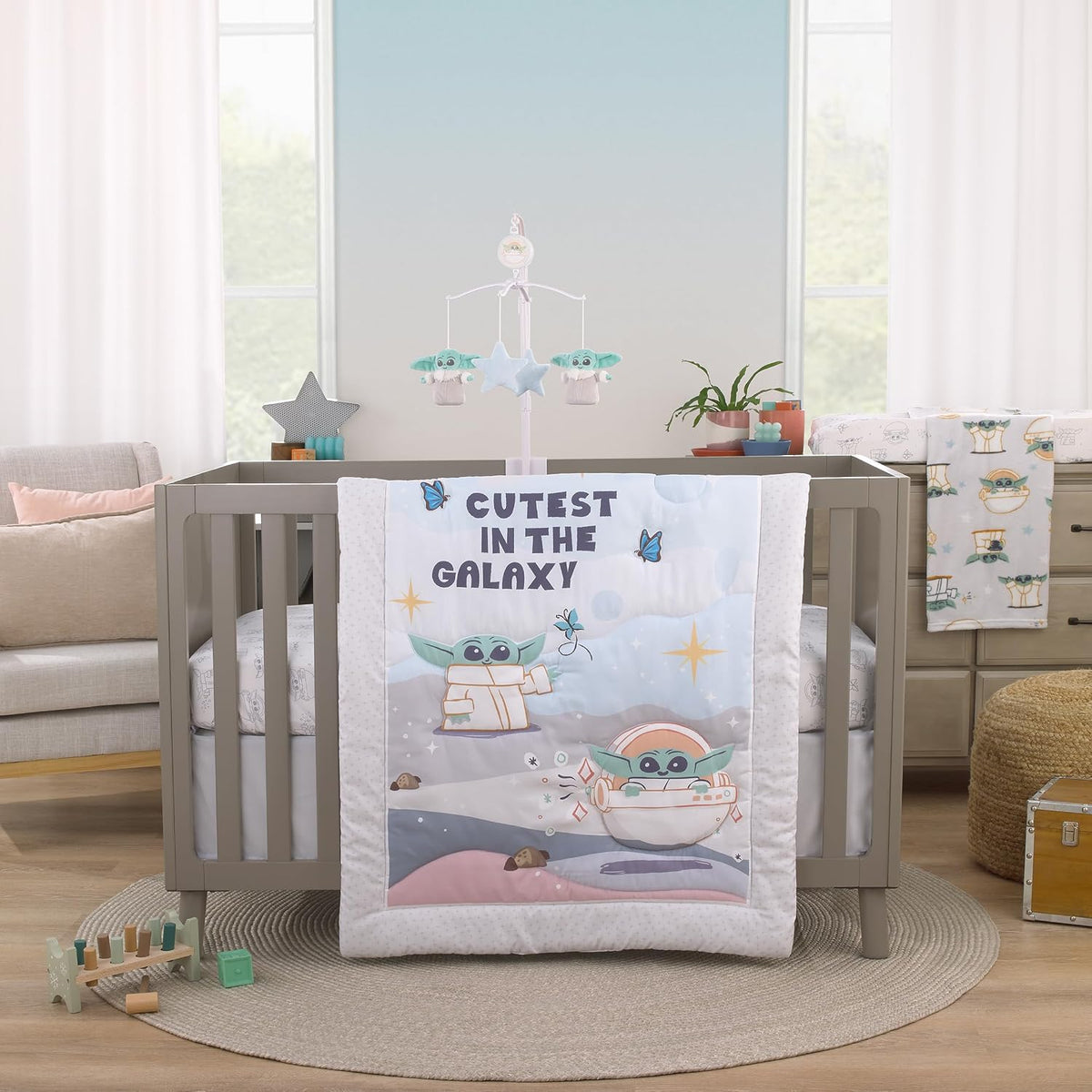 Star Wars Grogu Cutest in the Galaxy 3-Piece Crib Bedding Set, Baby Yoda Comforter, Fitted Crib Sheet & Dust Ruffle, Cream, Sage Green and Tan