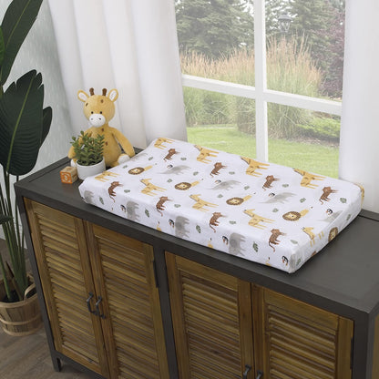 NoJo Safari Animals Contoured Changing Pad Cover, Jungle Elephant, Giraffe, Lion & Cheetah Baby Diaper Pad Cover, Neutral Grey and Gold