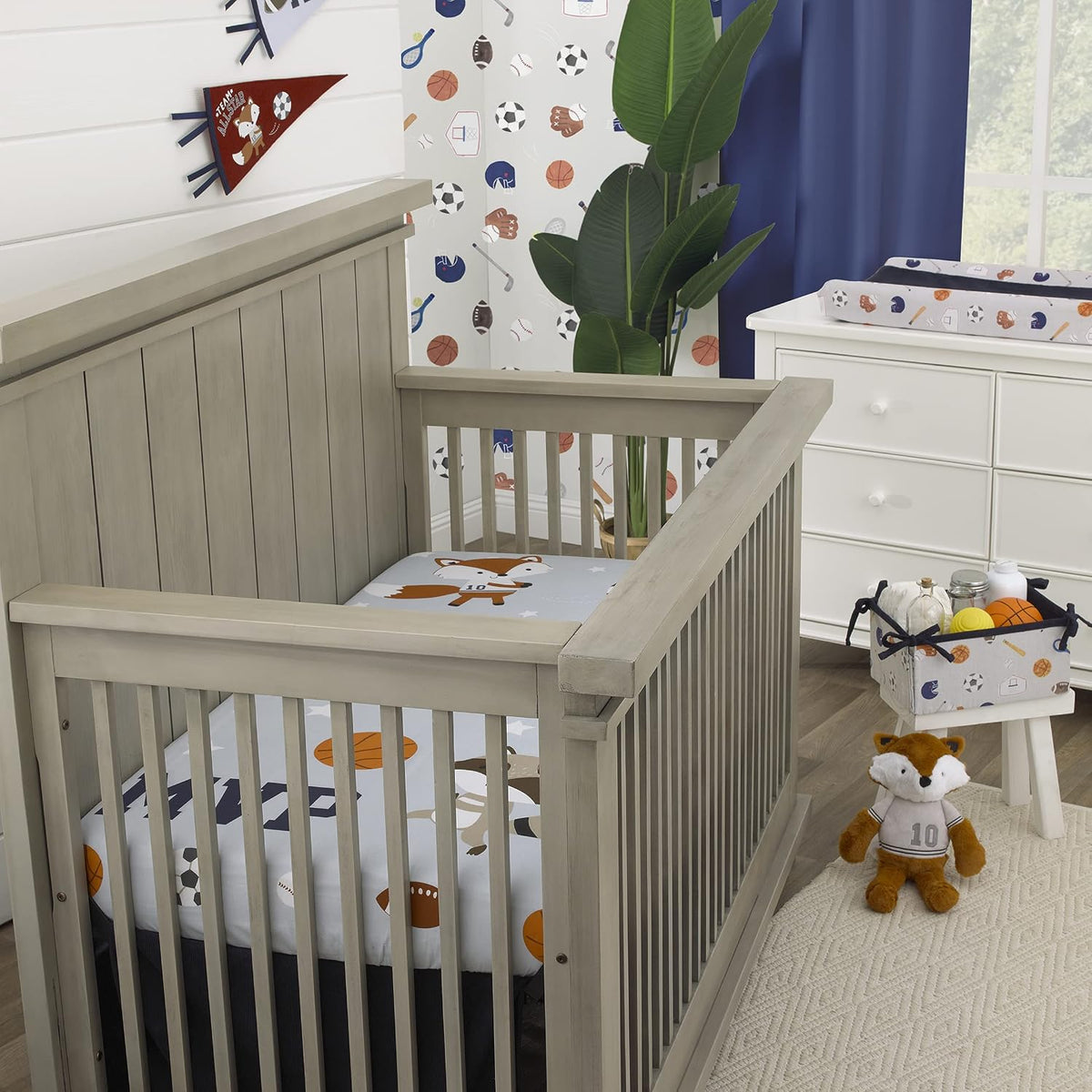 NoJo All-Star Sports 100% Cotton Photo Op Fitted Crib Sheet, Woodland Animals MVP Baby Bed Sheet, Heather Grey, Navy and Orange