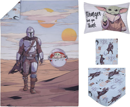 Star Wars The Mandalorian 4-Piece Toddler Bedding Set, Grogu "Stronger Than You Think" Comforter, Sheets & Pillowcase, Dusty Rose and Blue