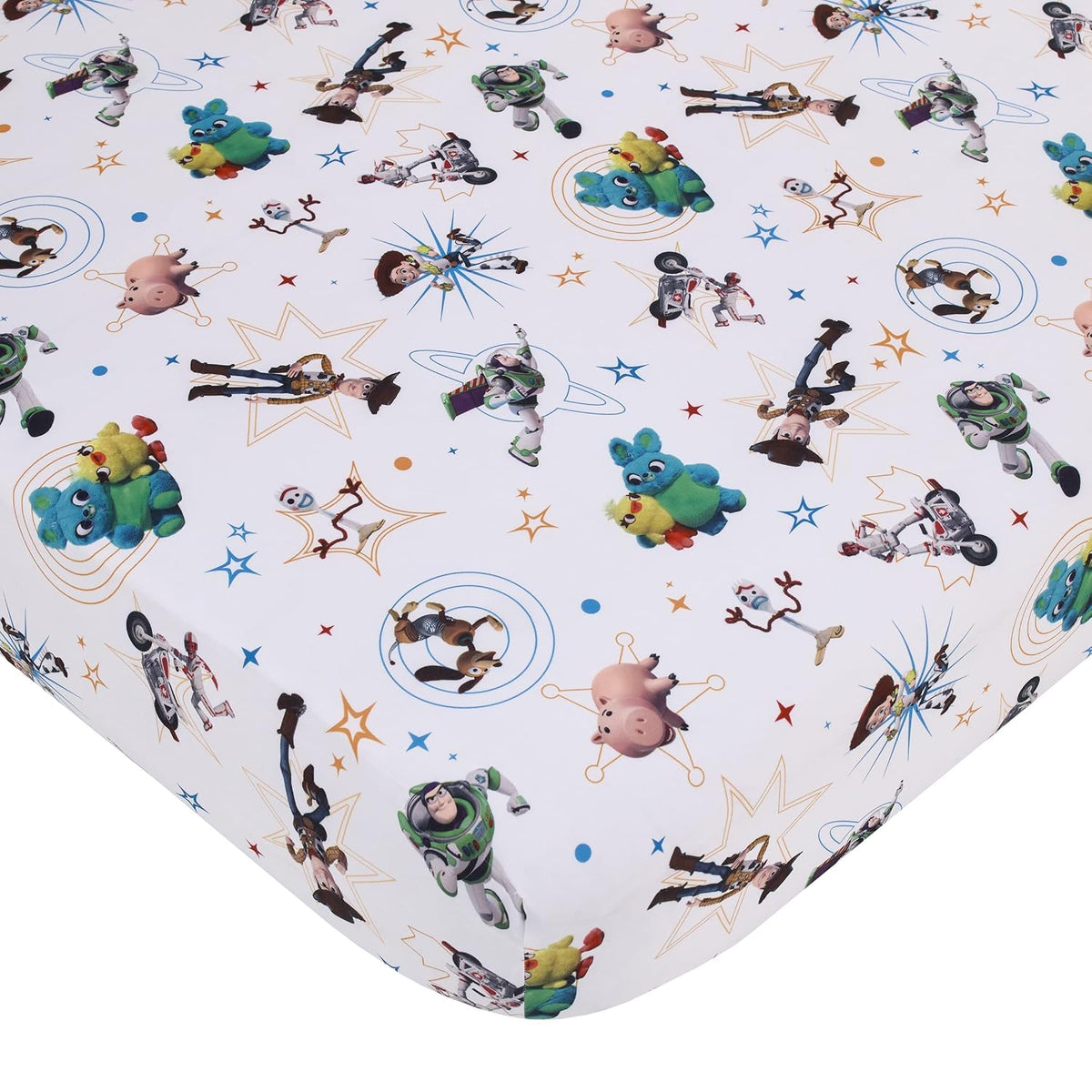 Disney Pixar Toy Story 4-Piece Toddler Bedding Set, Woody, Buzz Lightyear, Jessie & Hamm Comforter, Fitted Bottom Sheet, Flat Top Sheet & Pillowcase, Sky Blue and Red