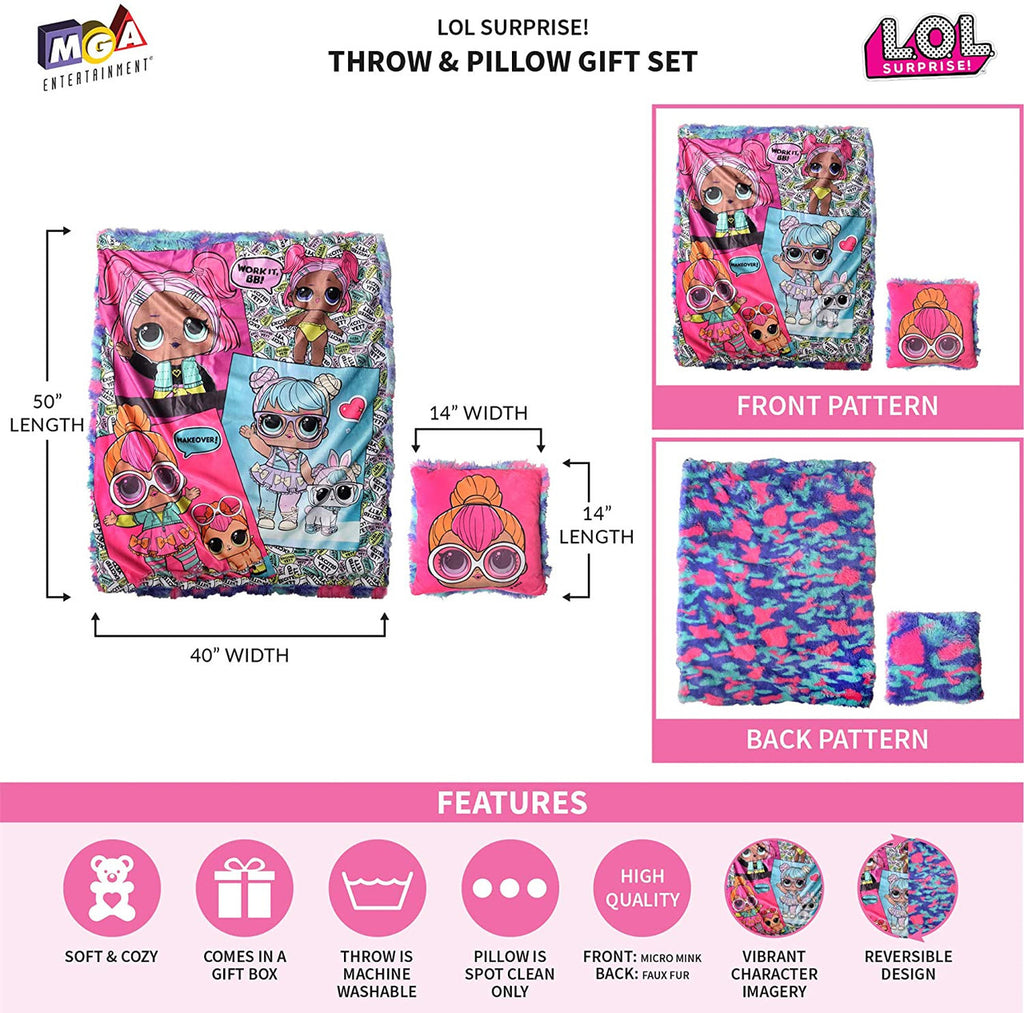 L.O.L.  2Pc Decor Pillow and Throw Set, Fun Faux Fur
