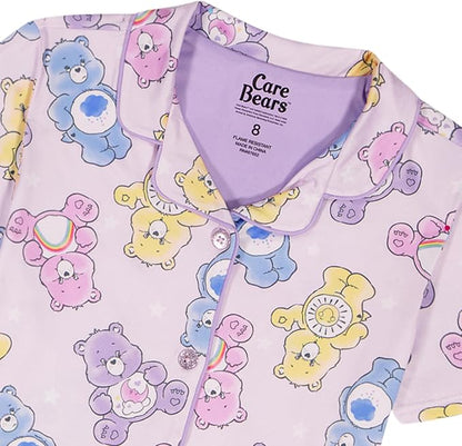 Care Bears Toddler Girls 2-Piece Pajama Set, Short Sleeve Button-Front Top and Shorts, Pink Lavender Character Print, Sleepwear, Sizes 2T-4T