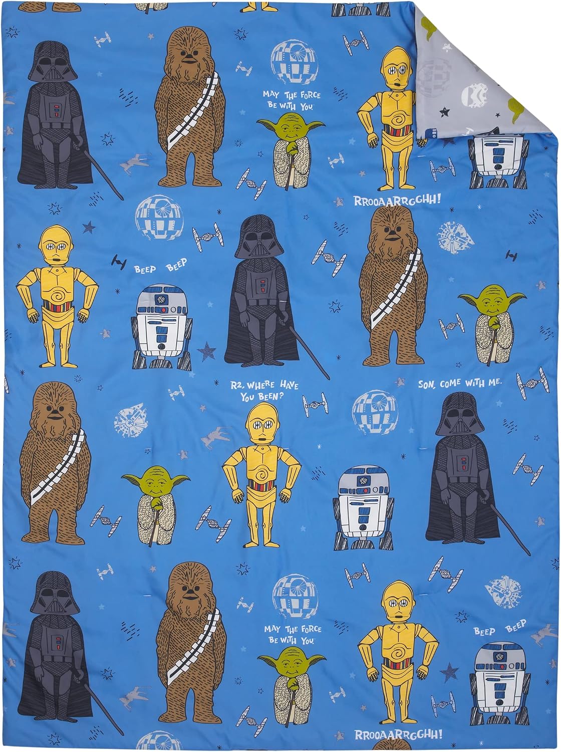 Star Wars Classic 4-Piece Toddler Bedding Set, Quilt, Fitted Sheet, Flat Sheet & Reversible Pillowcase with Travel Tote, Blue and Grey