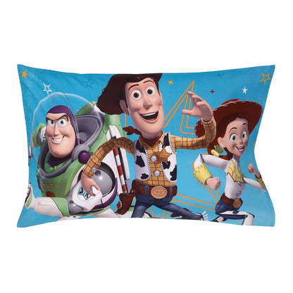 Disney Pixar Toy Story 4-Piece Toddler Bedding Set, Woody, Buzz Lightyear, Jessie & Hamm Comforter, Fitted Bottom Sheet, Flat Top Sheet & Pillowcase, Sky Blue and Red