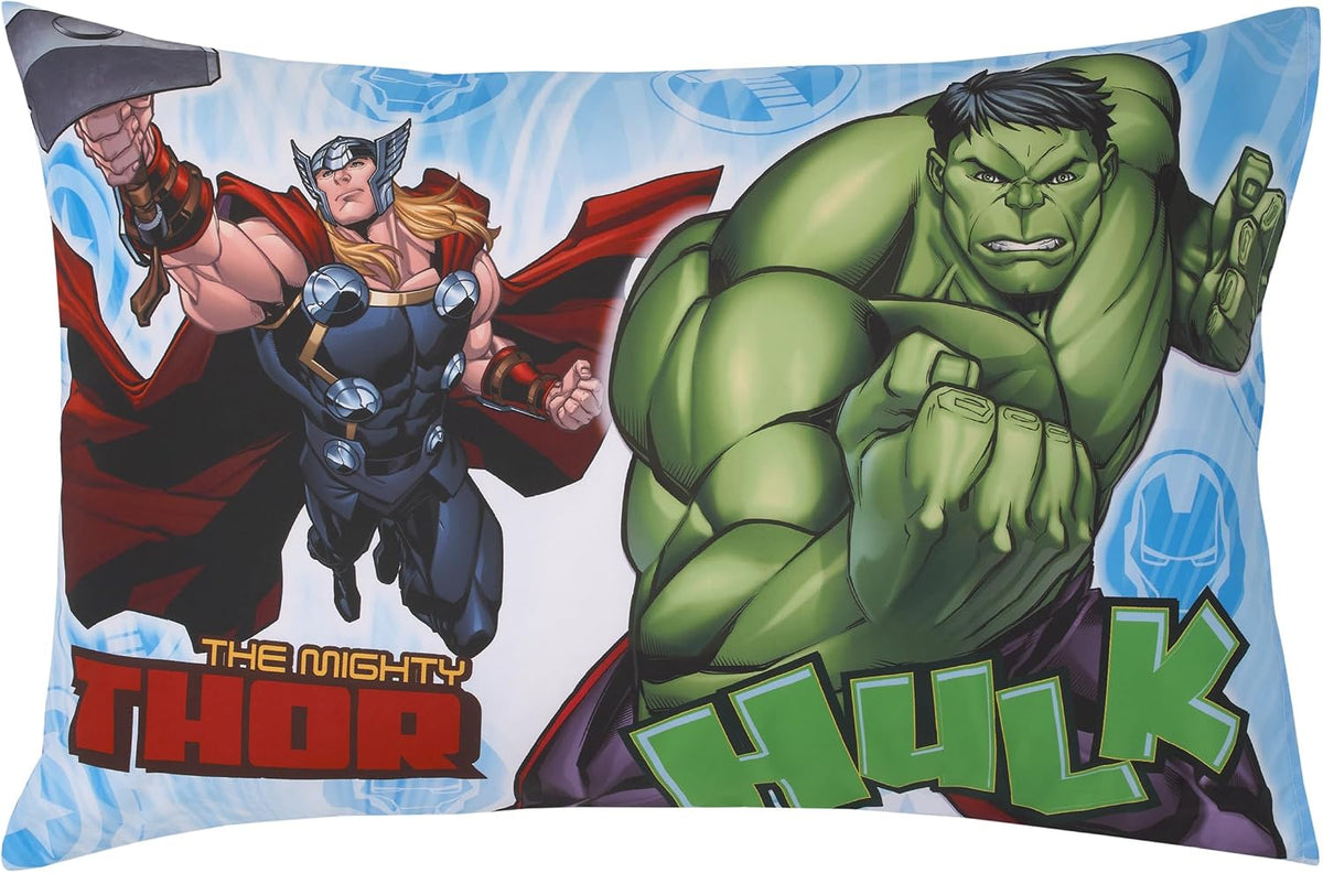Marvel Avengers 4-Piece Toddler Bedding Set, Hulk, Iron Man, Captain America & Thor Comforter, Fitted Bottom Sheet, Flat Top Sheet & Pillowcase, Blue, Red and Green