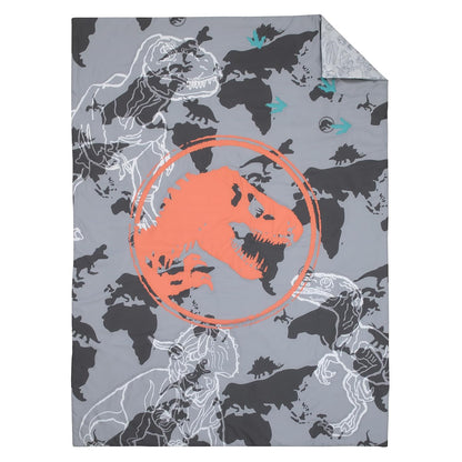Jurassic World 4-Piece Toddler Bedding Set, T-Rex Map Comforter, Fitted Bottom Sheet, Flat Top Sheet & Pillowcase, Grey, Charcoal and Neon Orange