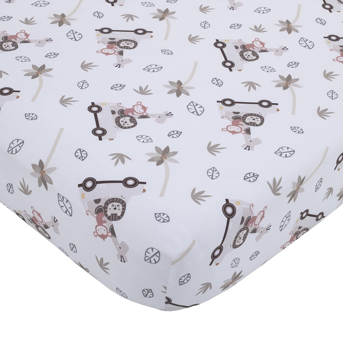 NoJo Little Love Safari Adventure Fitted Crib Sheet, Animals in Jeep & Palm Trees Baby Bed Sheet, Taupe, Grey and White