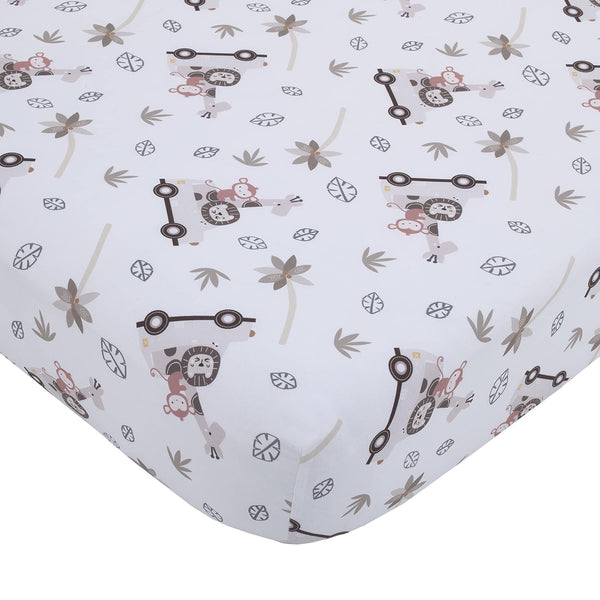 NoJo Little Love Safari Adventure Fitted Crib Sheet, Animals in Jeep & Palm Trees Baby Bed Sheet, Taupe, Grey 