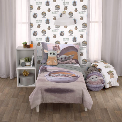 Star Wars The Mandalorian The Child 4-Piece Toddler Bedding Set, Grogu Comforter, Sheets & Pillowcase, Grey and Tan