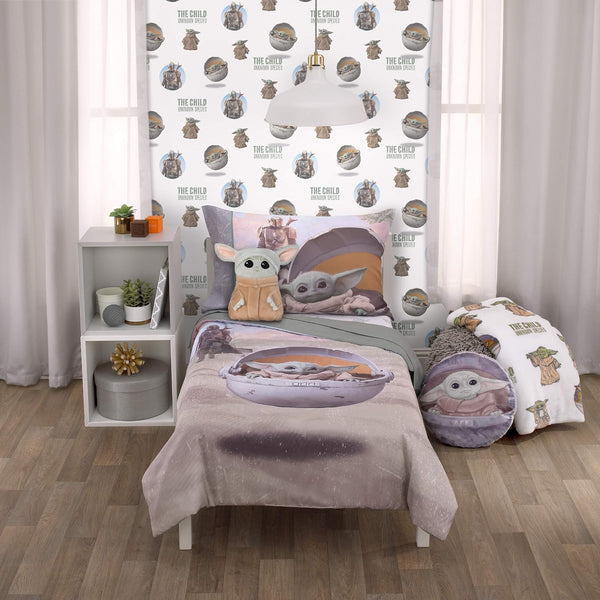 Star Wars The Mandalorian The Child 4-Piece Toddler Bedding Set, Grogu Comforter, Sheets & Pillowcase, Grey an