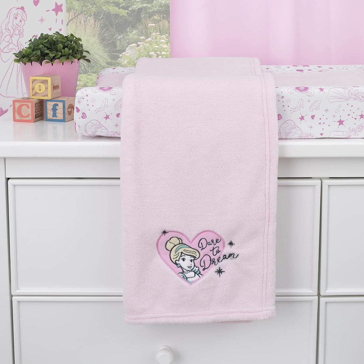 Disney Princess Cinderella Toddler Plush Blanket, 30x40 Dare to Dream Heart Embroidery, Light Pink