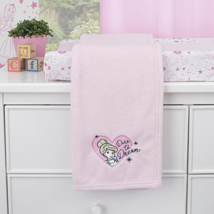 Disney Princess Cinderella Toddler Plush Blanket, 30x40 Dare to Dream Heart Embroidery, Light Pink