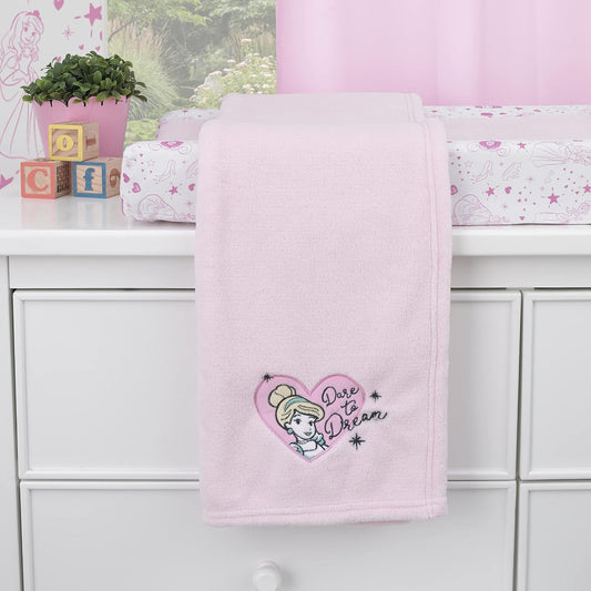 Disney Princess Cinderella Toddler Plush Blanket, 30x40 Dare to Dream Heart Embroidery, Light Pink