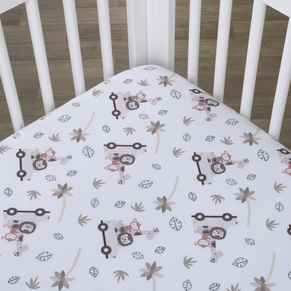 NoJo Little Love Safari Adventure Fitted Crib Sheet, Animals in Jeep & Palm Trees Baby Bed Sheet, Taupe, Grey and White