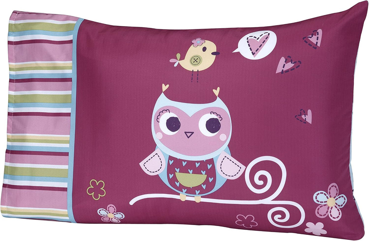 Everything Kids Hoot Hoot Owl 4-Piece Toddler Bedding Set, Comforter, Fitted Sheet, Flat Sheet & Pillowcase, Pink and White