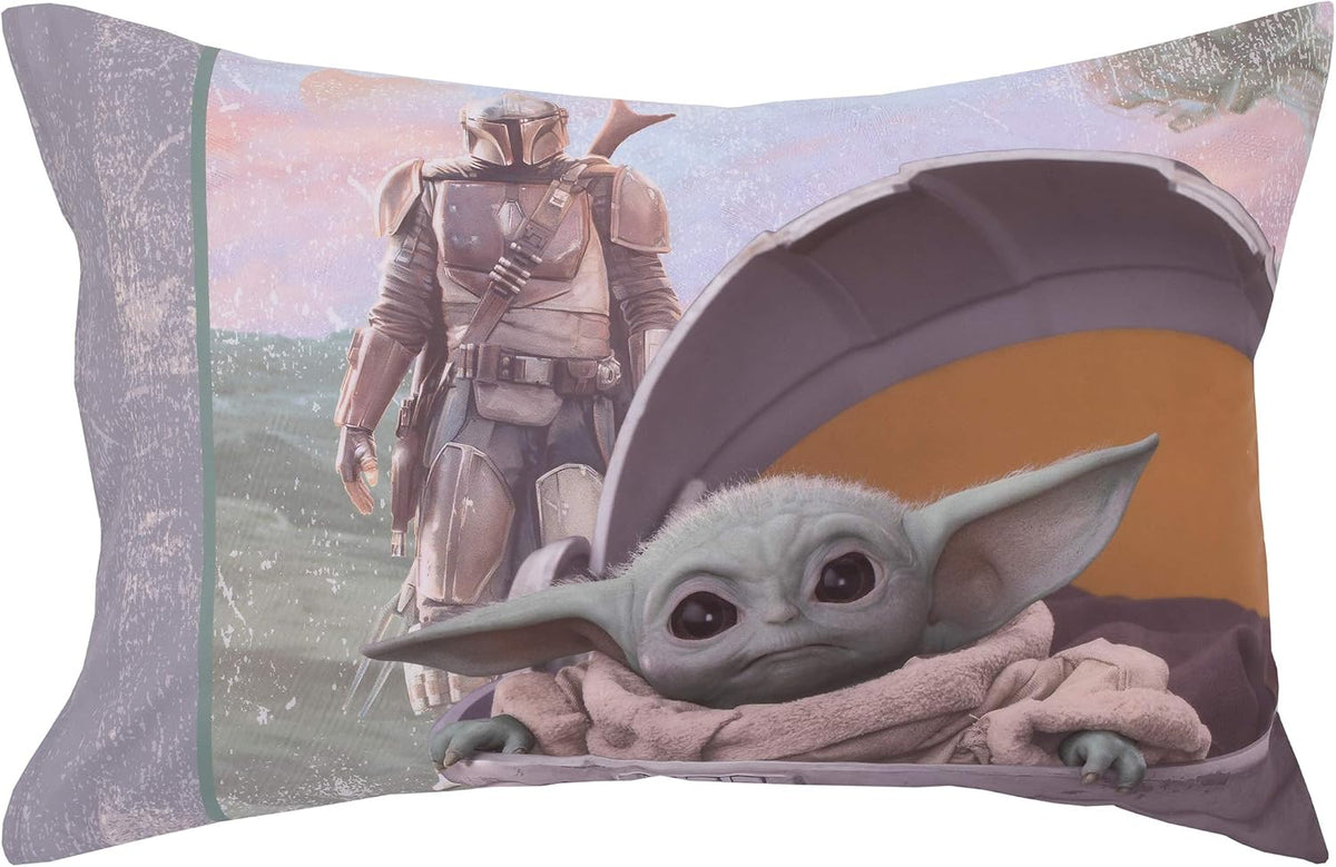 Star Wars The Mandalorian The Child 4-Piece Toddler Bedding Set, Grogu Comforter, Sheets & Pillowcase, Grey and Tan