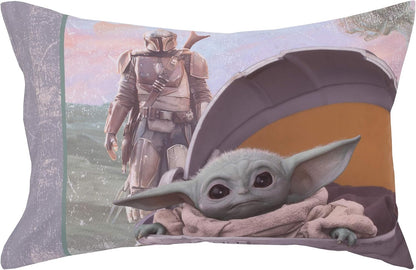 Star Wars The Mandalorian The Child 4-Piece Toddler Bedding Set, Grogu Comforter, Sheets & Pillowcase, Grey and Tan