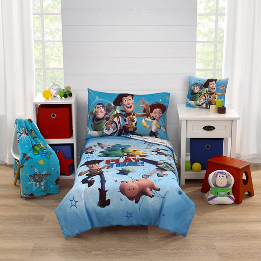 Disney Pixar Toy Story 4-Piece Toddler Bedding Set, Woody, Buzz Lightyear, Jessie & Hamm Comforter, Fitted Bottom Sheet, Flat Top Sheet & Pillowcase, Sky Blue and Red