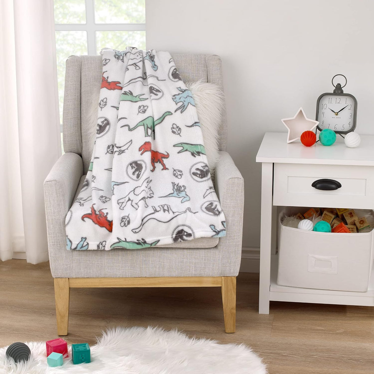 Jurassic World Dinosaurs Super Soft Plush Baby Blanket, 30x40 T-Rex, Raptor & Triceratops Fleece Toddler & Stroller Blanket, White, Blue and Green